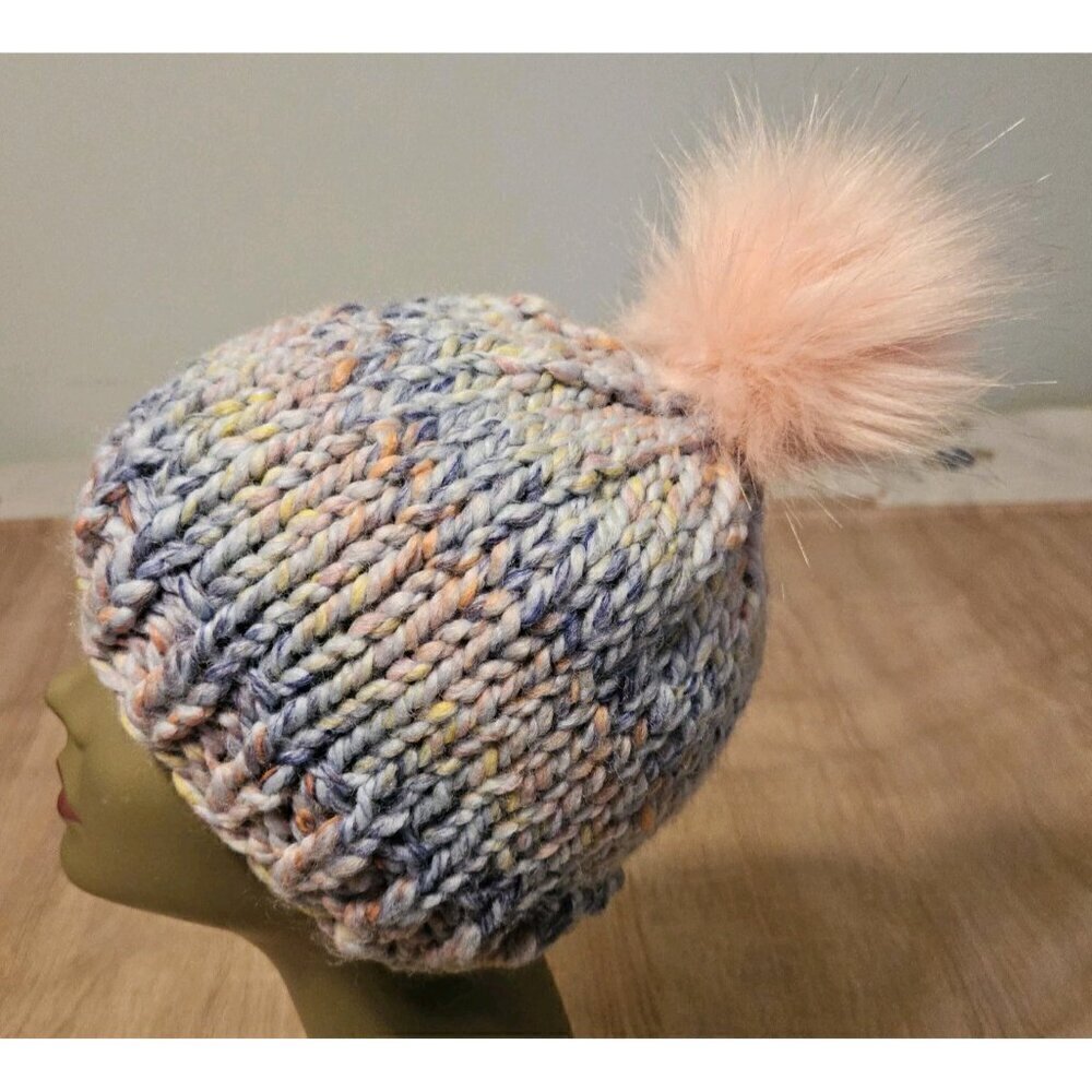 Hand-Made - Knitted Winter Pompom Beanie Pink  Blue Multicolor Hat - One-Size
